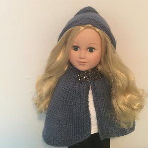 Blue Hand Knit Hooded Cape - 18" Doll